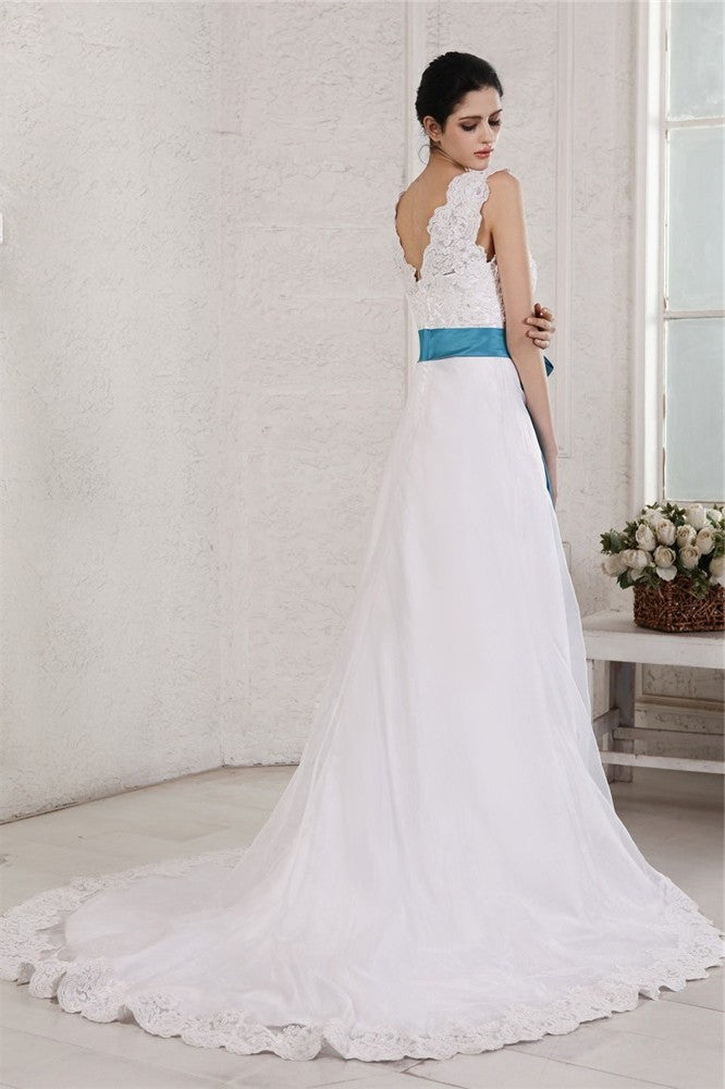 V-neck Sleeveless Sash A-Line/Princess Organza Applique Long Satin Wedding Dresses