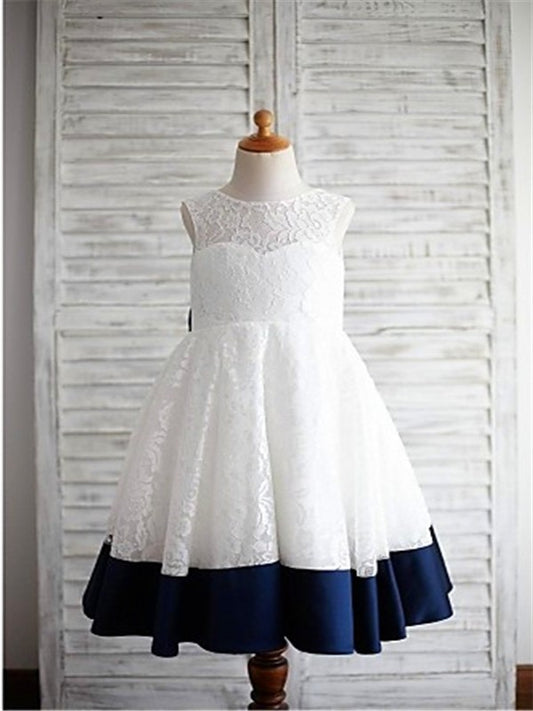 Lace Scoop Sleeveless Bowknot Tea-Length A-line/Princess Flower Girl Dresses