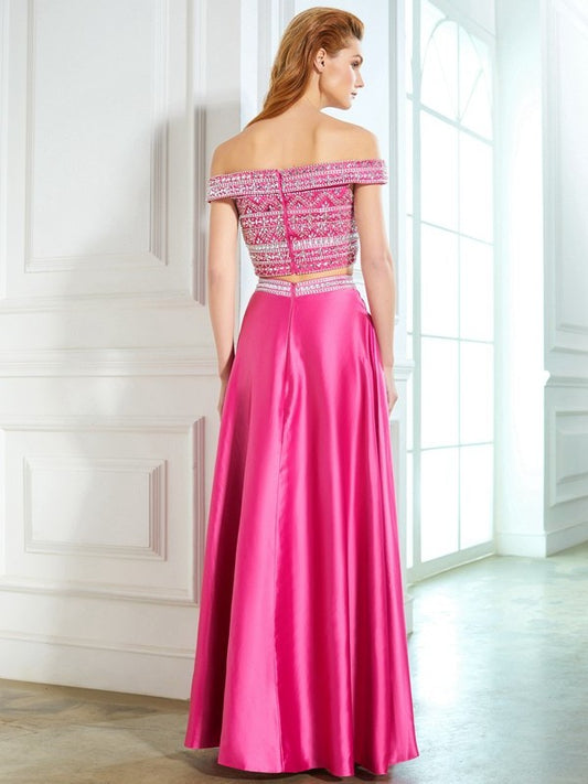 Off-the-Shoulder A-Line/Princess Sleeveless Beading Satin Floor-Length Two Piece Dresses