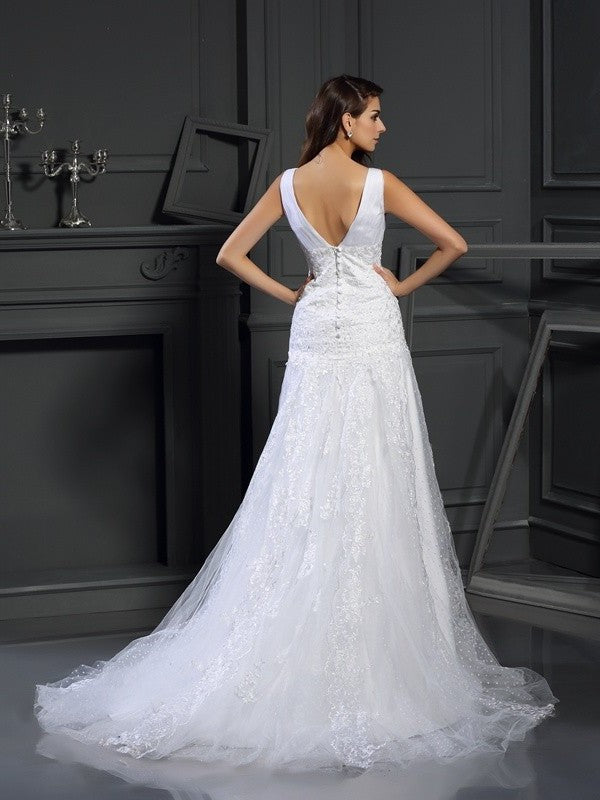 Sleeveless Beading V-neck A-Line/Princess Long Satin Wedding Dresses