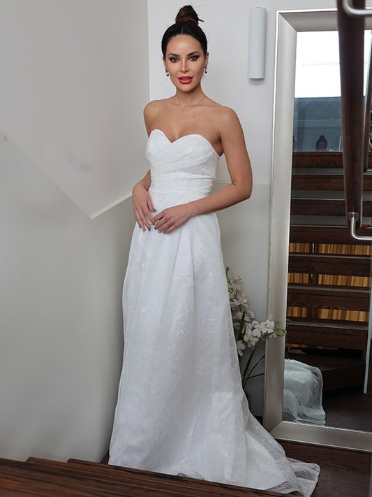 Sweetheart Sleeveless Sweep/Brush Ruched A-Line/Princess Train Wedding Dresses