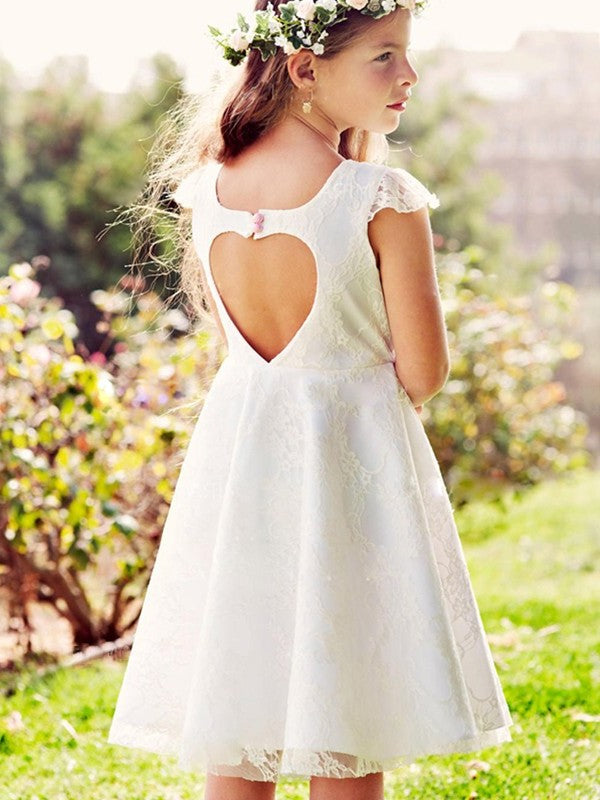 Knee-Length Sleeves Tulle Applique Short A-Line/Princess Scoop Flower Girl Dresses