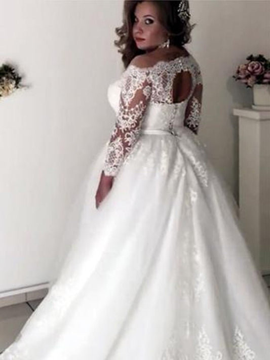 Sweep/Brush Off-the-Shoulder A-Line/Princess Sleeves Lace Long Train Tulle Wedding Dresses