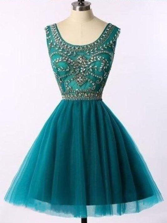 A-Line/Princess Scoop Tulle Sleeveless Beading Short/Mini Dresses