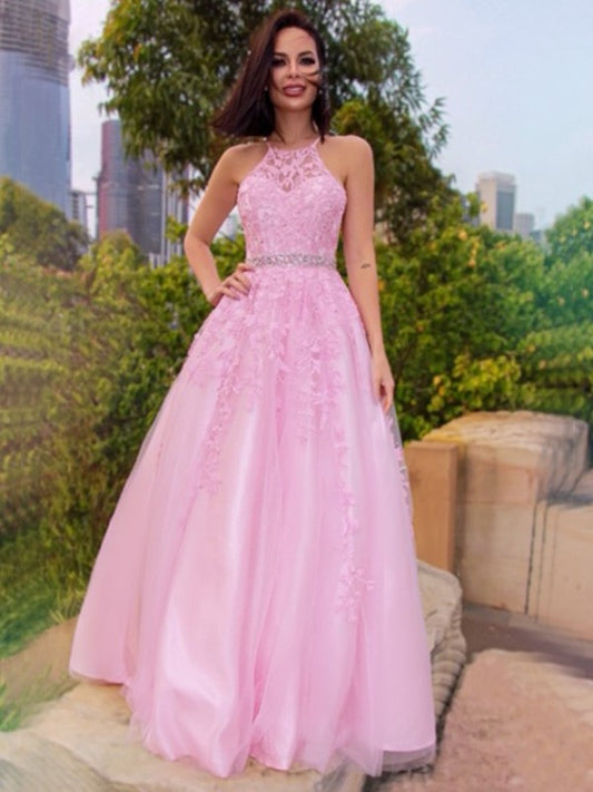 Applique Halter A-Line/Princess Tulle Sleeveless Floor-Length Dresses