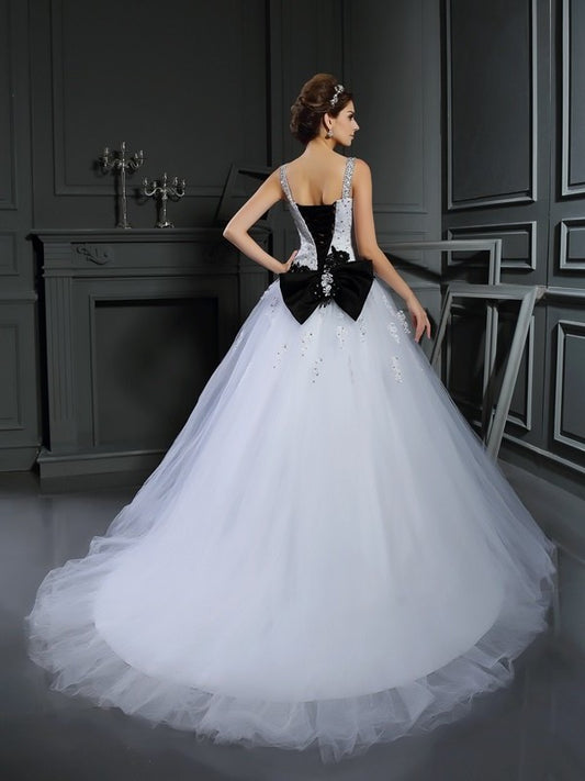 Long Straps Ball Gown Beading Sleeveless Tulle Wedding Dresses