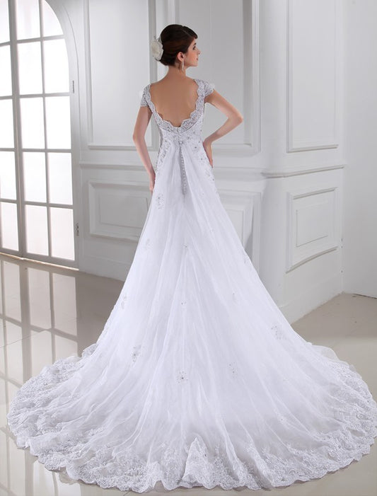 V-neck A-Line/Princess Long Beading Sleeveless Organza Wedding Dresses