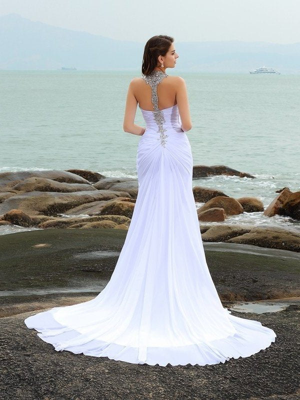 Chiffon Long Beading Sheath/Column Straps Sleeveless Beach Wedding Dresses