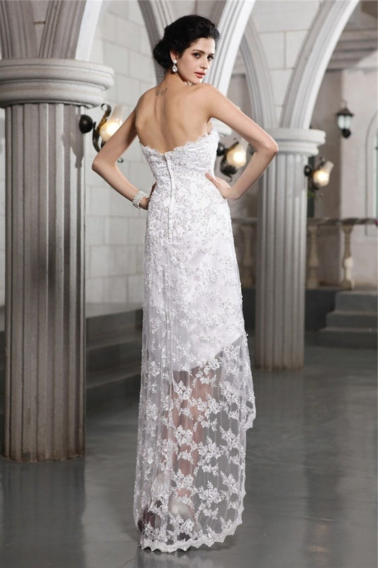 Beading Sleeveless Strapless Sheath/Column High Low Lace Wedding Dresses