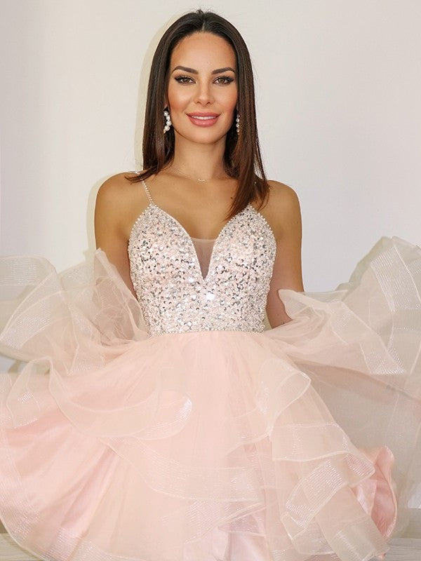 Sleeveless Spaghetti Straps Organza A-Line/Princess Beading Short/Mini Homecoming Dresses