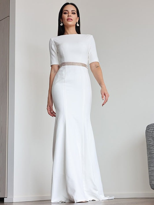 Scoop Ruched Stretch 1/2 Sleeves Crepe Sweep/Brush Sheath/Column Train Wedding Dresses