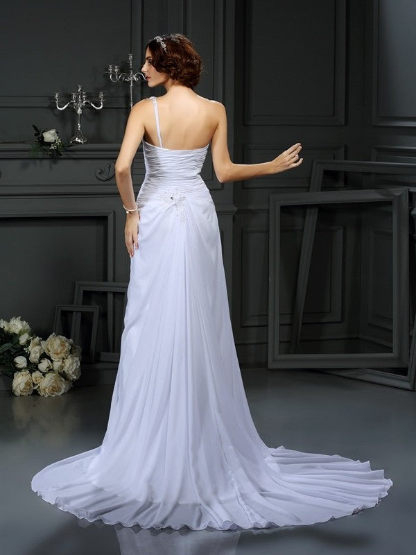 Long Pleats Sleeveless One-Shoulder A-Line/Princess Chiffon Wedding Dresses