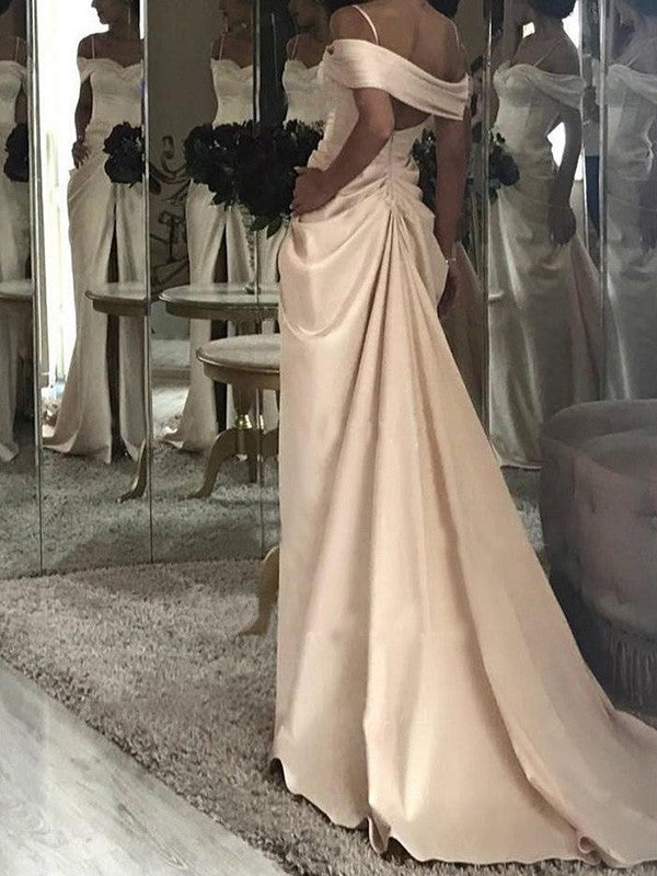 Train Silk Sweep/Brush Ruffles Off-the-Shoulder like Sleeves Sheath/Column Short Satin Wedding Dresses