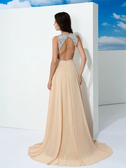 Scoop A-Line/Princess Paillette Sleeveless Long Chiffon Dresses