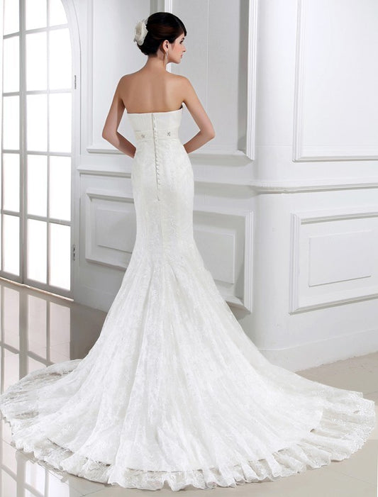 Lace Sleeveless Strapless Beading Trumpet/Mermaid Tulle Wedding Dresses