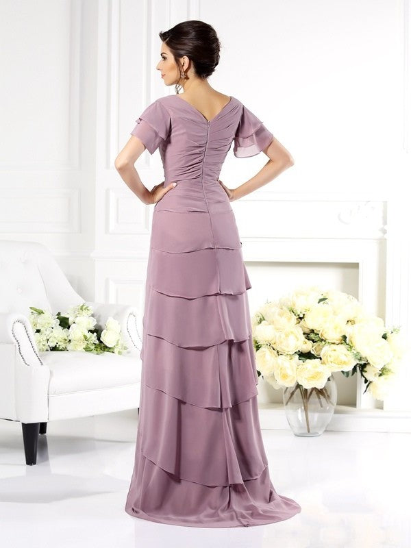 Sleeves Short V-neck Long Chiffon Sheath/Column Mother of the Bride Dresses