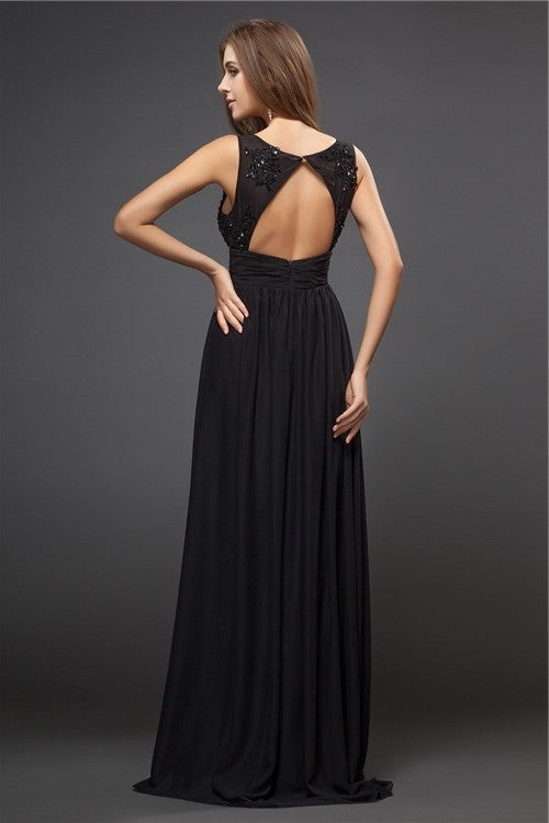 V-neck Lace Sleeveless Beading Sheath/Column Long Chiffon Dresses