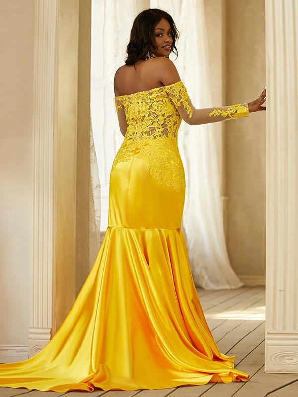 Applique Satin Long Trumpet/Mermaid Elastic Sleeves Woven Off-the-Shoulder Sweep/Brush Train Dresses