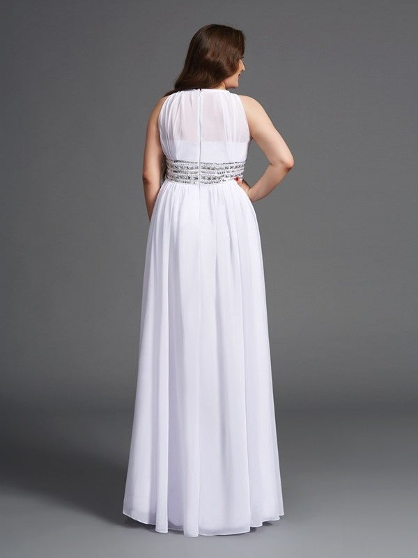 A-Line/Princess Jewel Sleeveless Long Chiffon Beading Plus Size Dresses