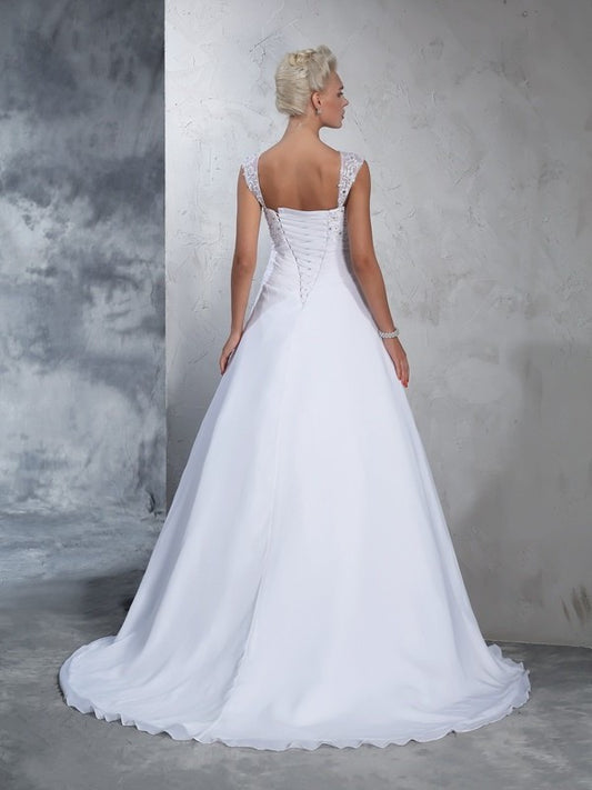 Sleeveless Long Straps Applique Gown Ball Chiffon Wedding Dresses