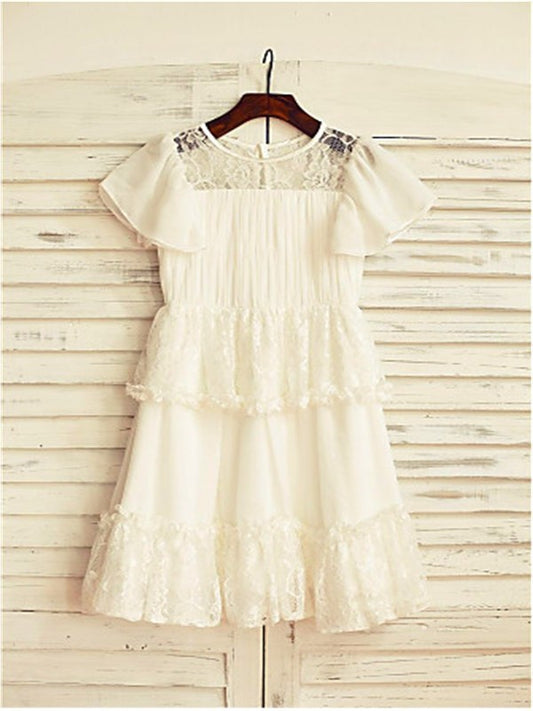 Short Scoop Lace Chiffon Tea-Length A-line/Princess Sleeves Flower Girl Dresses