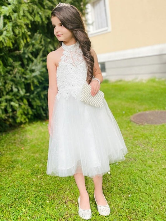 A-Line/Princess Lace Knee-Length Halter Tulle Sleeveless Flower Girl Dresses