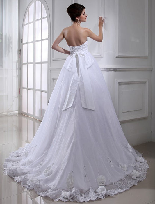 Gown Strapless Flower Beading Hand-made Long Ball Sleeveless Organza Wedding Dresses