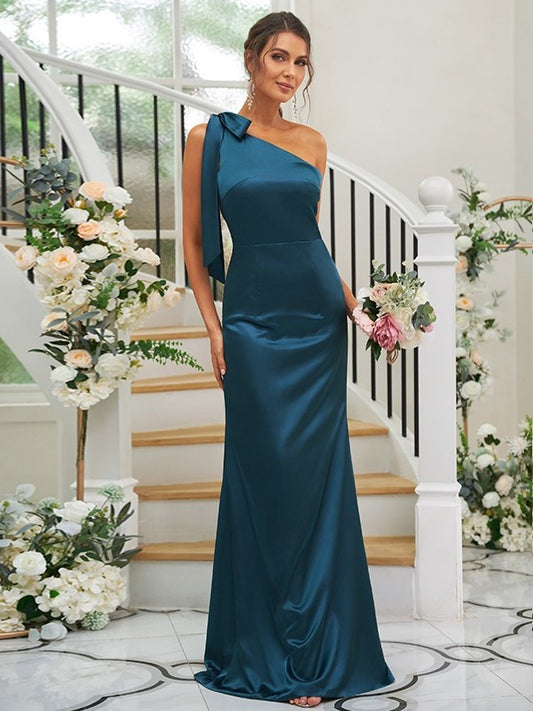 Sheath/Column One-Shoulder Satin Bowknot Silk Sleeveless like Floor-Length Bridesmaid Dresses