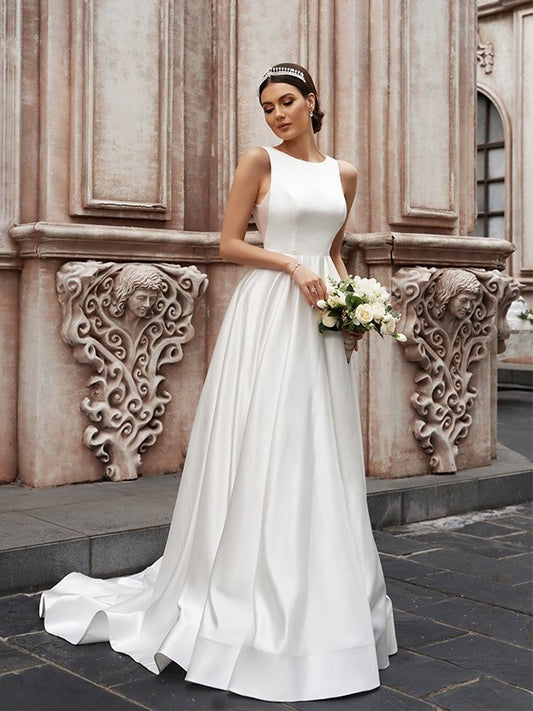 Sweep/Brush A-Line/Princess Sleeveless Scoop Ruffles Satin Train Wedding Dresses