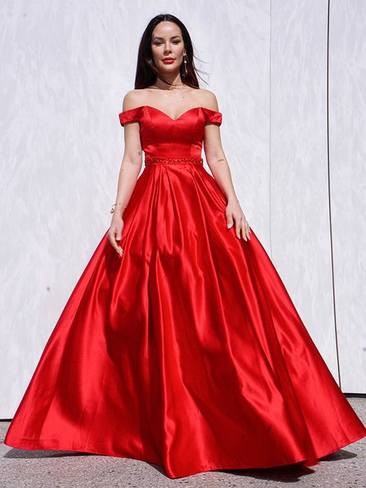 A-Line/Princess Sleeveless Off-the-Shoulder Satin Ruffles Floor-Length Dresses