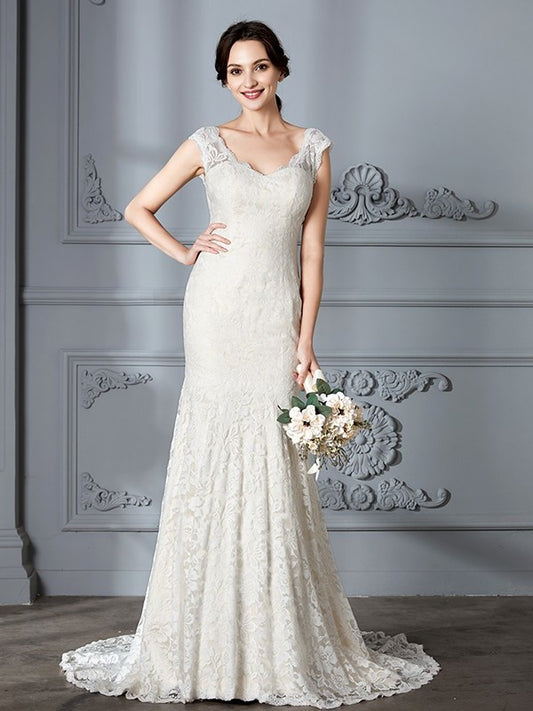 Sweep/Brush Trumpet/Mermaid Lace Sleeveless V-Neck Train Wedding Dresses