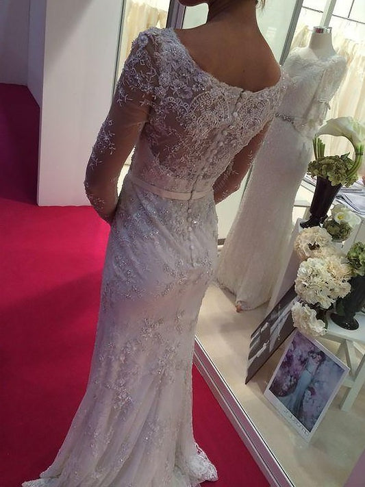 Chiffon Sheath/Column Scoop Sleeves Sweep/Brush Long Lace Train Wedding Dresses