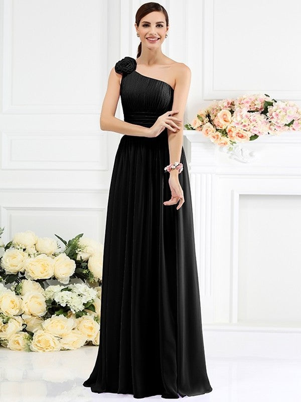 Long Hand-Made A-Line/Princess Pleats Sleeveless Flower One-Shoulder Chiffon Bridesmaid Dresses