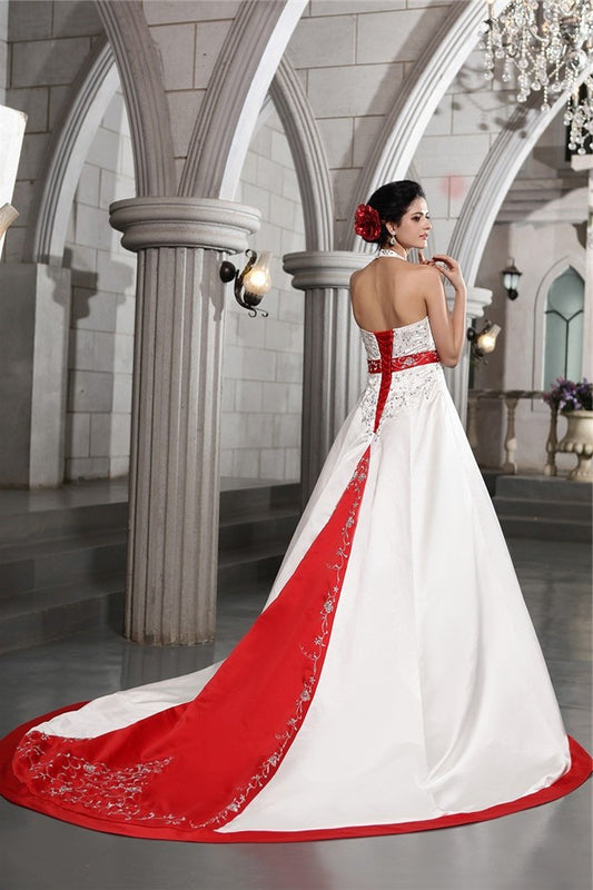 A-Line/Princess V-neck Long Embroidery Sleeveless Beading Satin Wedding Dresses