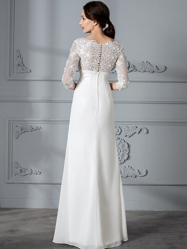 Sheath/Column V-neck Chiffon Sleeves 3/4 Floor-Length Wedding Dresses