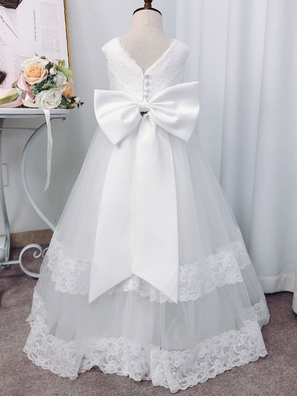 A-Line/Princess Tulle Lace Floor-Length V-neck Sleeveless Flower Girl Dresses