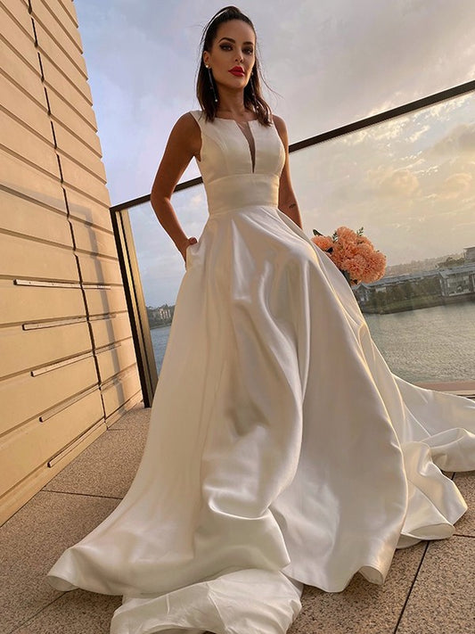 A-Line/Princess Satin Scoop Sweep/Brush Ruffles Sleeveless Train Wedding Dresses