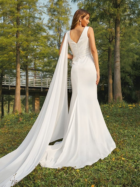 Ruched Sweep/Brush Satin Sleeveless Scoop Sheath/Column Train Wedding Dresses