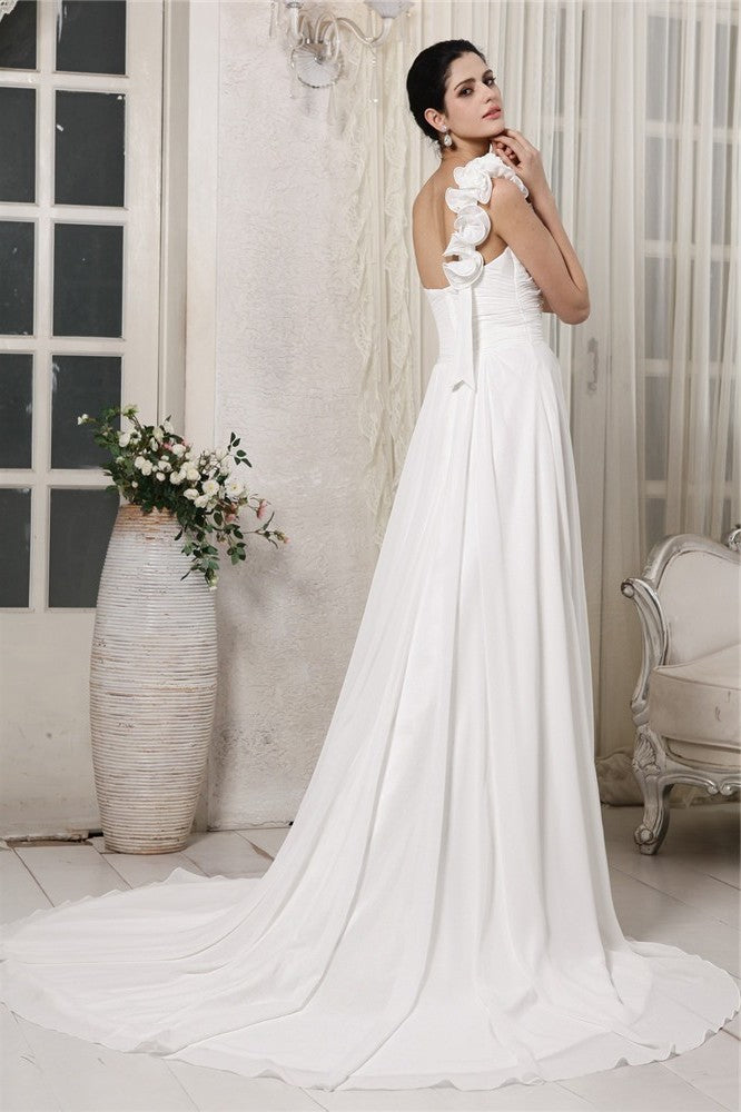 One-Shoulder Sheath/Column Long Sleeveless Ruffles Chiffon Wedding Dresses