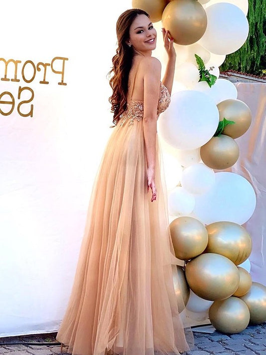 A-Line/Princess Spaghetti Straps Tulle Sleeveless Beading Floor-Length Dresses