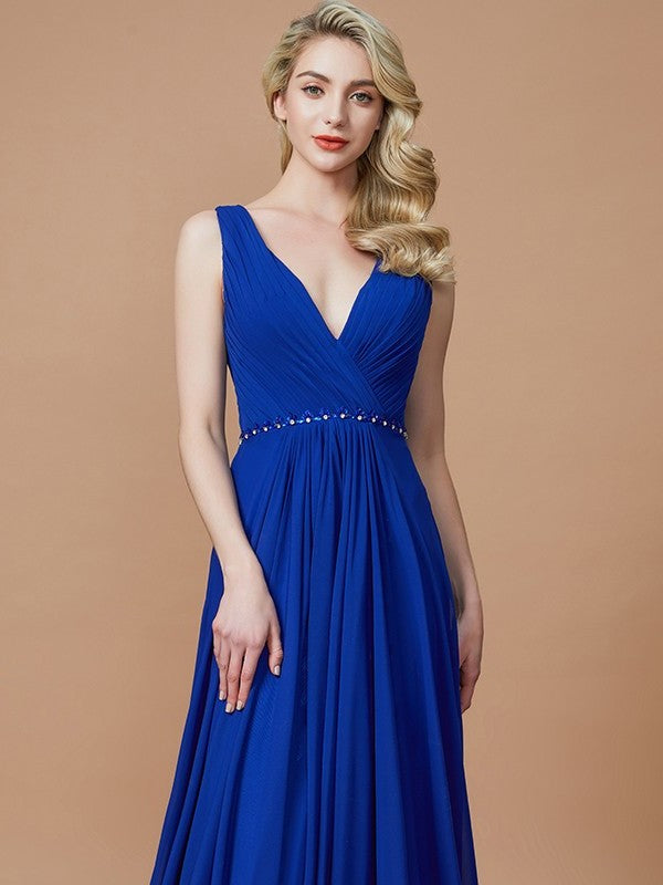 A-Line/Princess Chiffon Sweep/Brush Sleeveless V-neck Train Bridesmaid Dresses