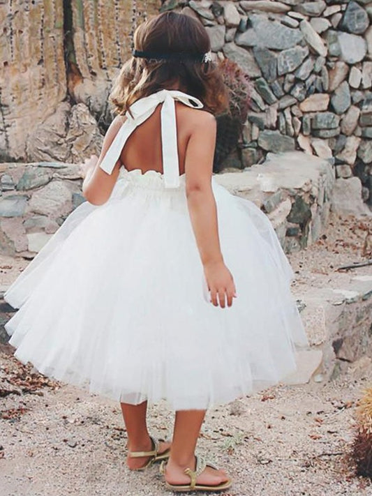 A-Line/Princess Halter Sleeveless Tulle Ruffles Tea-Length Flower Girl Dresses