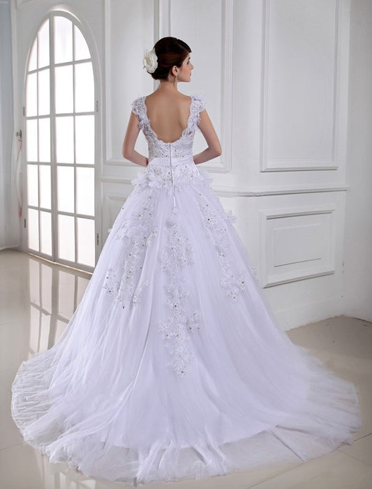 Strapless Gown Long Ball Beading Tulle Satin Sleeveless Wedding Dresses