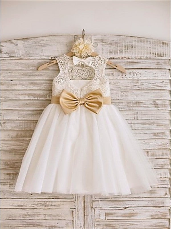 Bowknot Tulle Sleeveless A-line/Princess Scoop Knee-Length Flower Girl Dresses