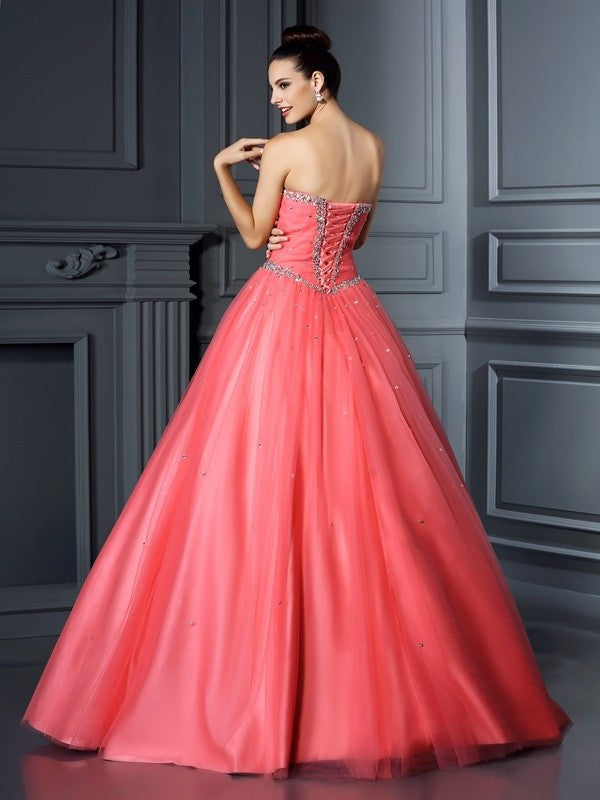 Long Beading Ball Gown Sleeveless Sweetheart Net Quinceanera Dresses