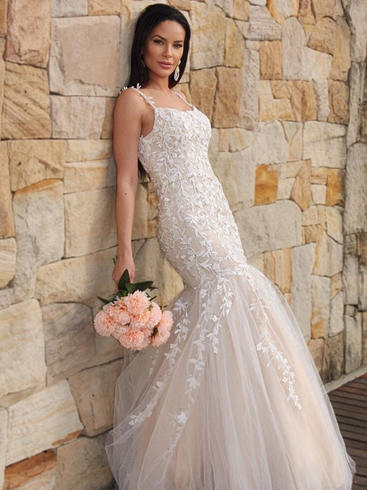 Applique Trumpet/Mermaid Sleeveless Tulle Spaghetti Straps Floor-Length Dresses