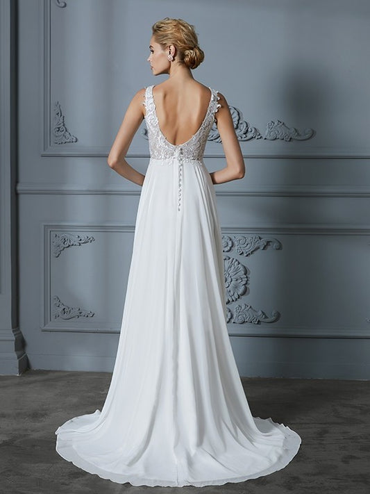 A-Line/Princess Train Sweep/Brush Sleeveless V-neck Chiffon Wedding Dresses