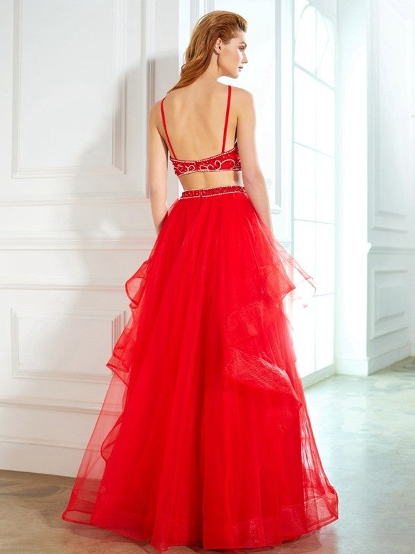 Floor-Length Beading Tulle A-Line/Princess Straps Sleeveless Spaghetti Two Piece Dresses