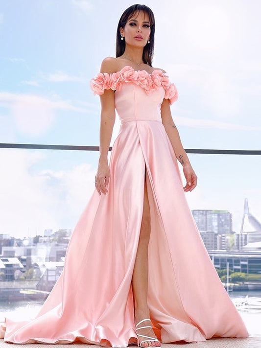 Satin Off-the-Shoulder Sleeveless Flower Hand-Made A-Line/Princess Sweep/Brush Train Dresses