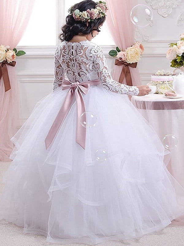 Ball Tulle Sleeves Long Lace Gown Floor-Length Jewel Flower Girl Dresses